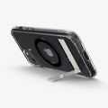 ACS06666 - iPhone 15 Plus Case Ultra Hybrid S (MagFit) in black showing the back and bottom with device propped up by built in kickstand