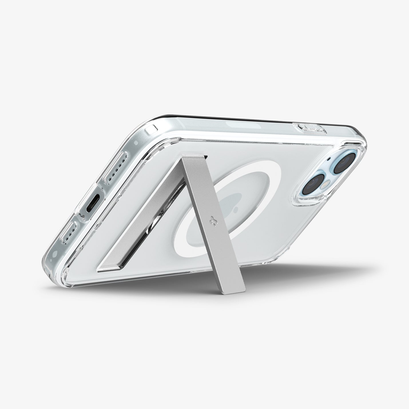ACS06665 - iPhone 15 Plus Case Ultra Hybrid S (MagFit) in crystal clear showing the back with device propped up by built in kickstand