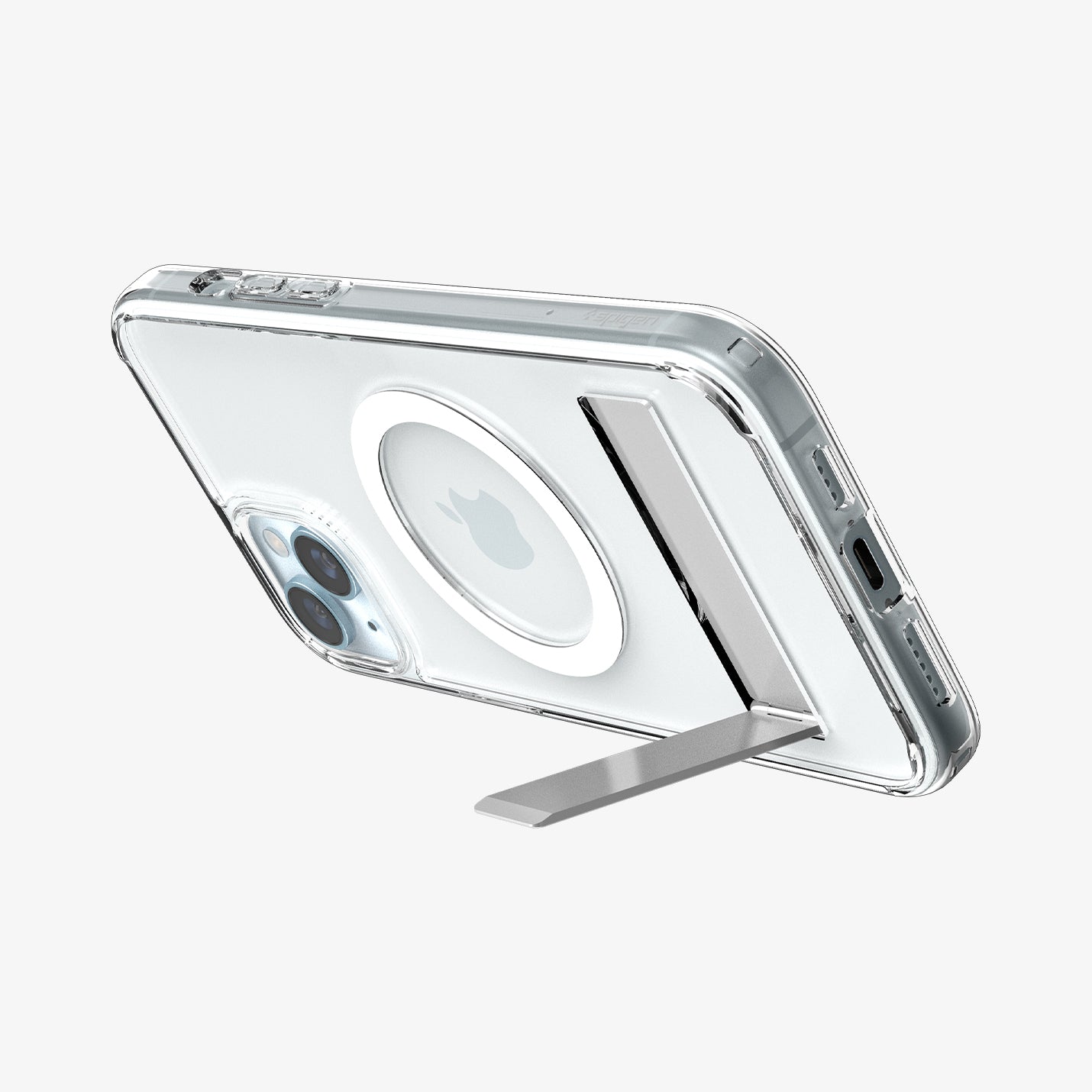 ACS06665 - iPhone 15 Plus Case Ultra Hybrid S (MagFit) in crystal clear showing the back and bottom with device propped up by built in kickstand