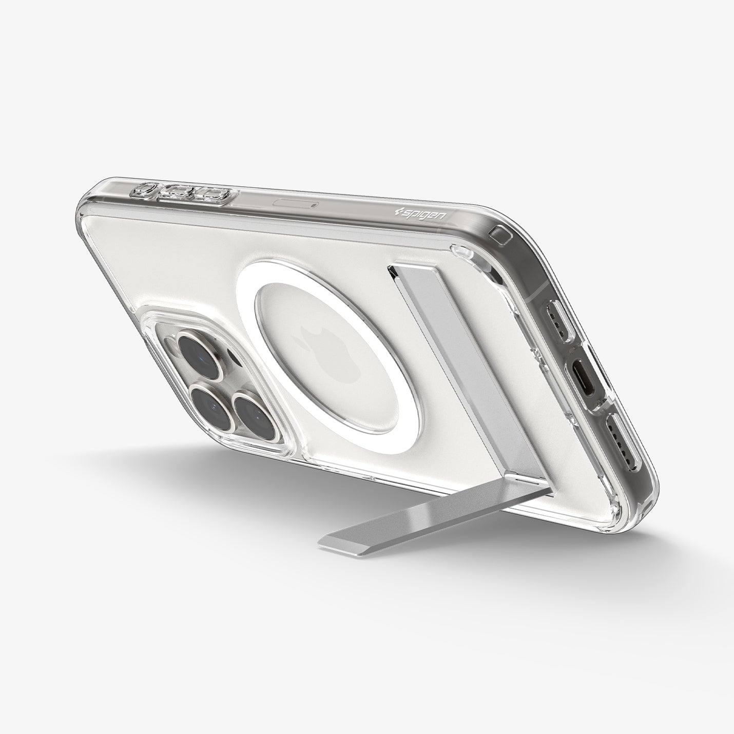 ACS06583 - iPhone 15 Pro Max Case Ultra Hybrid S (MagFit) in crystal clear showing the back and bottom with device propped up by built in kickstand