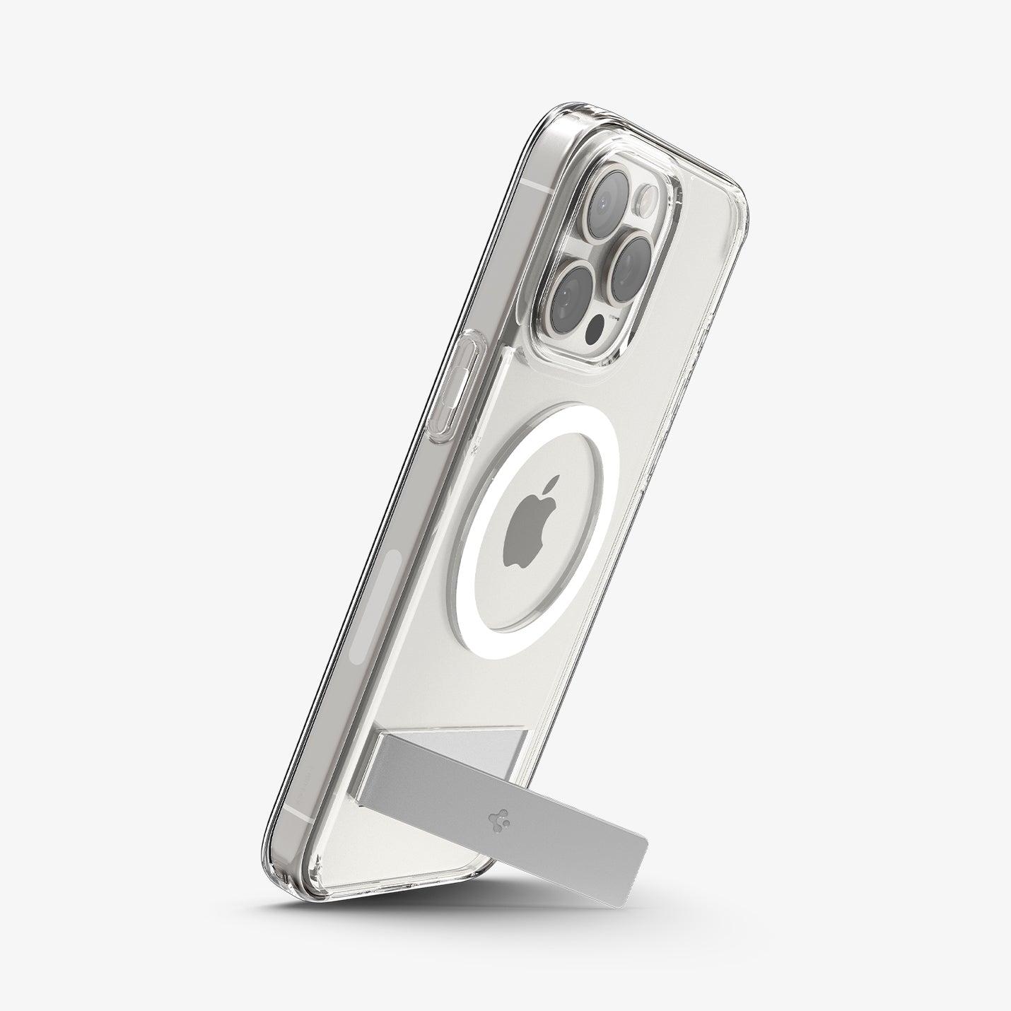 ACS06583 - iPhone 15 Pro Max Case Ultra Hybrid S (MagFit) in crystal clear showing the back and side with device propped up by built in kickstand