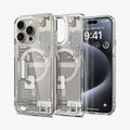 ACS07216 - iPhone 15 Pro Case Ultra Hybrid Zero One (MagFit) in Zero One Natural Titanium showing the back, next to it, a partial inner case and partial front