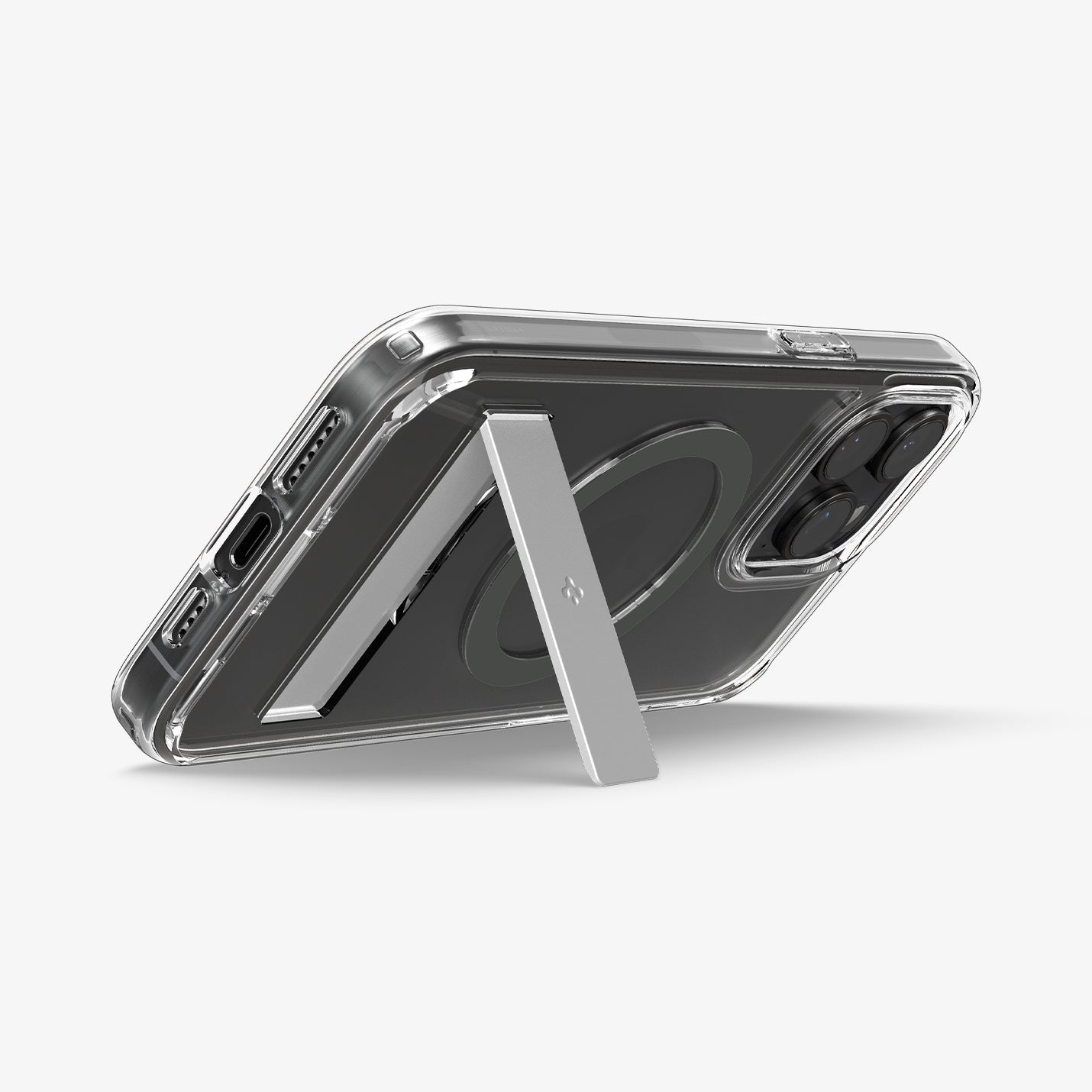  ACS06723 - iPhone 15 Pro Case Ultra Hybrid S (MagFit) in graphite showing the back with device propped up by built in kickstand