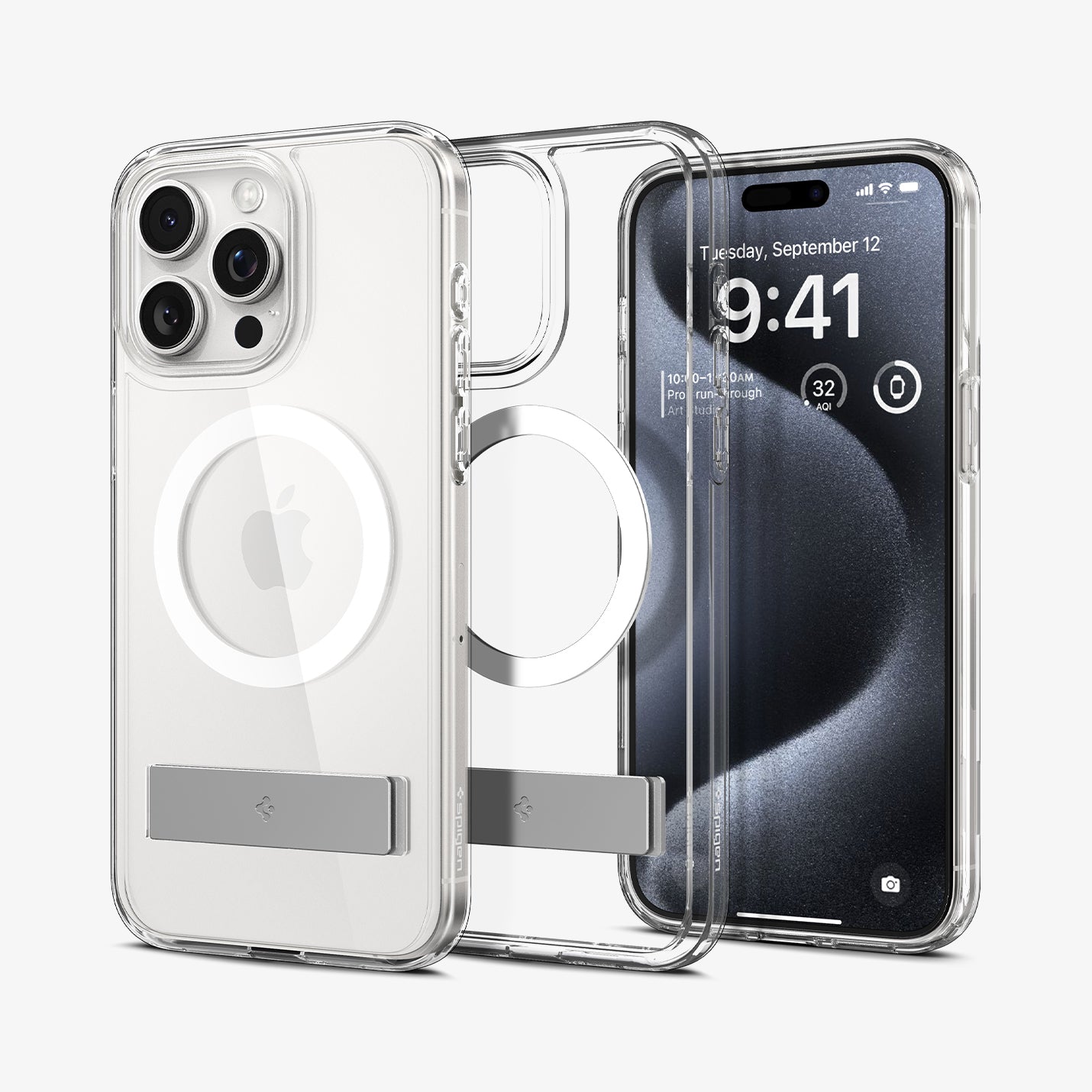ACS06722 - iPhone 15 Pro Case Ultra Hybrid S (MagFit) in crystal clear showing the back, inside and front