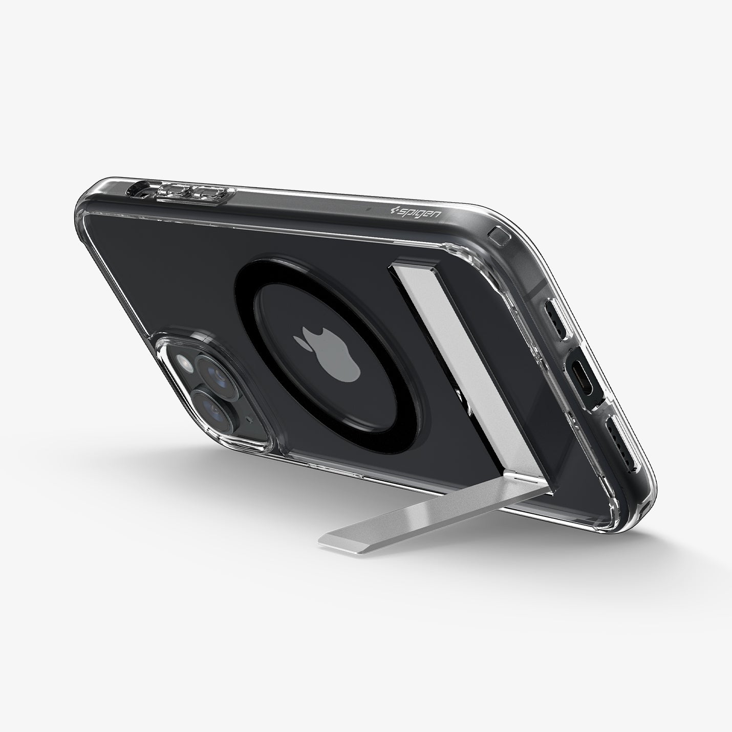 ACS06808 - iPhone 15 Case Ultra Hybrid S (MagFit) in black showing the back and bottom with device propped up by built in kickstand