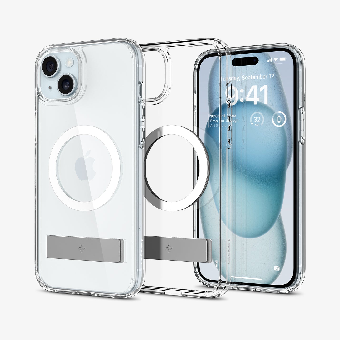 ACS06807 - iPhone 15 Case Ultra Hybrid S (MagFit) in crystal clear showing the back, inside and front