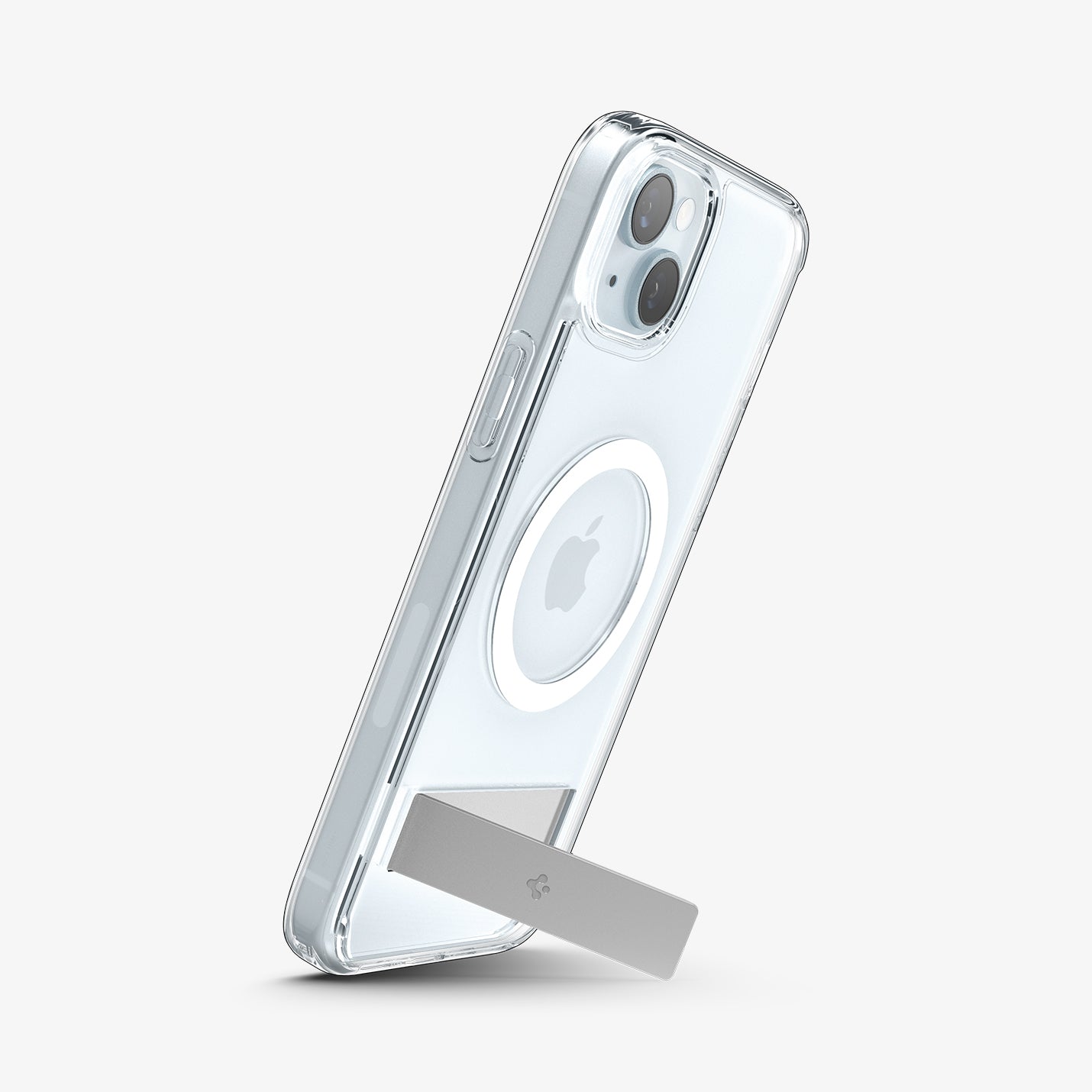 ACS06807 - iPhone 15 Case Ultra Hybrid S (MagFit) in crystal clear showing the back and side with device propped up by built in kickstand