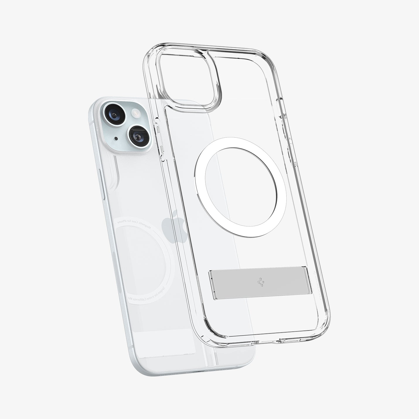 ACS06807 - iPhone 15 Case Ultra Hybrid S (MagFit) in crystal clear showing the back with case hovering away from the device