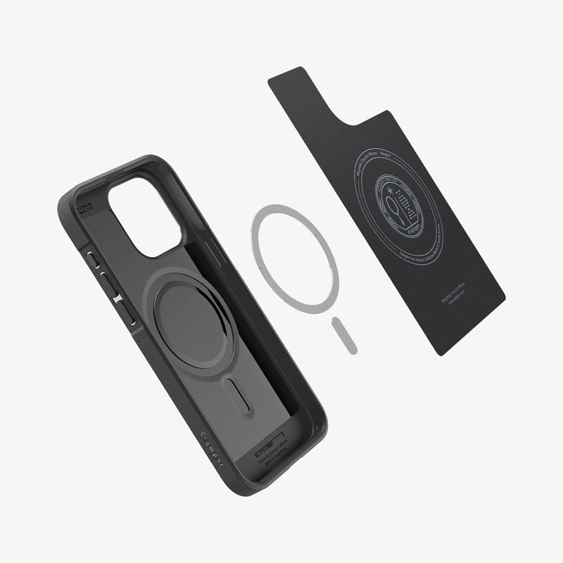 ACS06467 - iPhone 15 Pro Case Core Armor (MagFit) in Matte Black showing the soft layer hovering above the metal ring and back case showing inner part