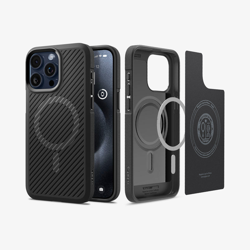ACS06467 - iPhone 15 Pro Case Core Armor (MagFit) in Matte Black showing the back, partial front and inner case with mag ring and soft layer detached