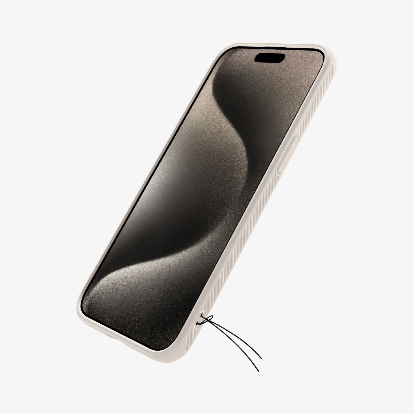 ACS07217 - iPhone 15 Pro Case Liquid Air in Natural Titanium showing the front and partial side with keychain slots