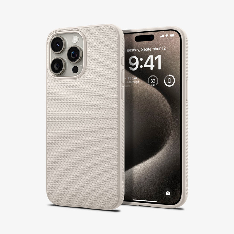 ACS07212 - iPhone 15 Pro Max Case Liquid Air in Natural Titanium showing the back, partial front and sides of both devices aligned with each other