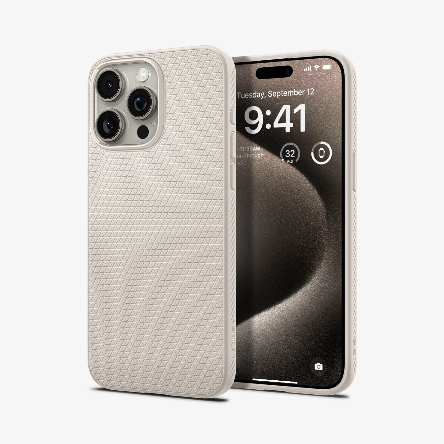 ACS07217 - iPhone 15 Pro Case Liquid Air in Natural Titanium showing the back, partial front and sides of both devices aligned with each other