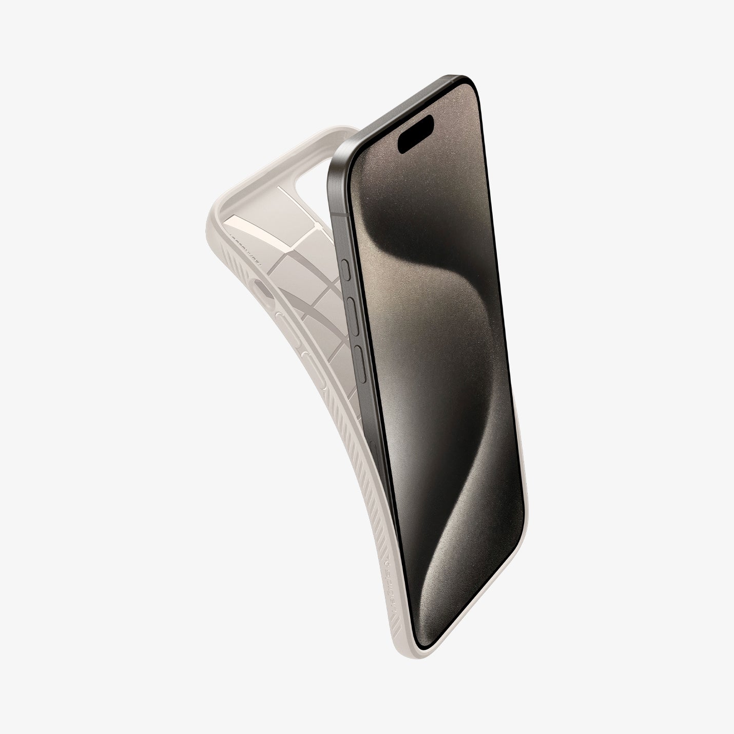 ACS07217 - iPhone 15 Pro Case Liquid Air in Natural Titanium showing the front of device, partial inner case partially peeled from behind
