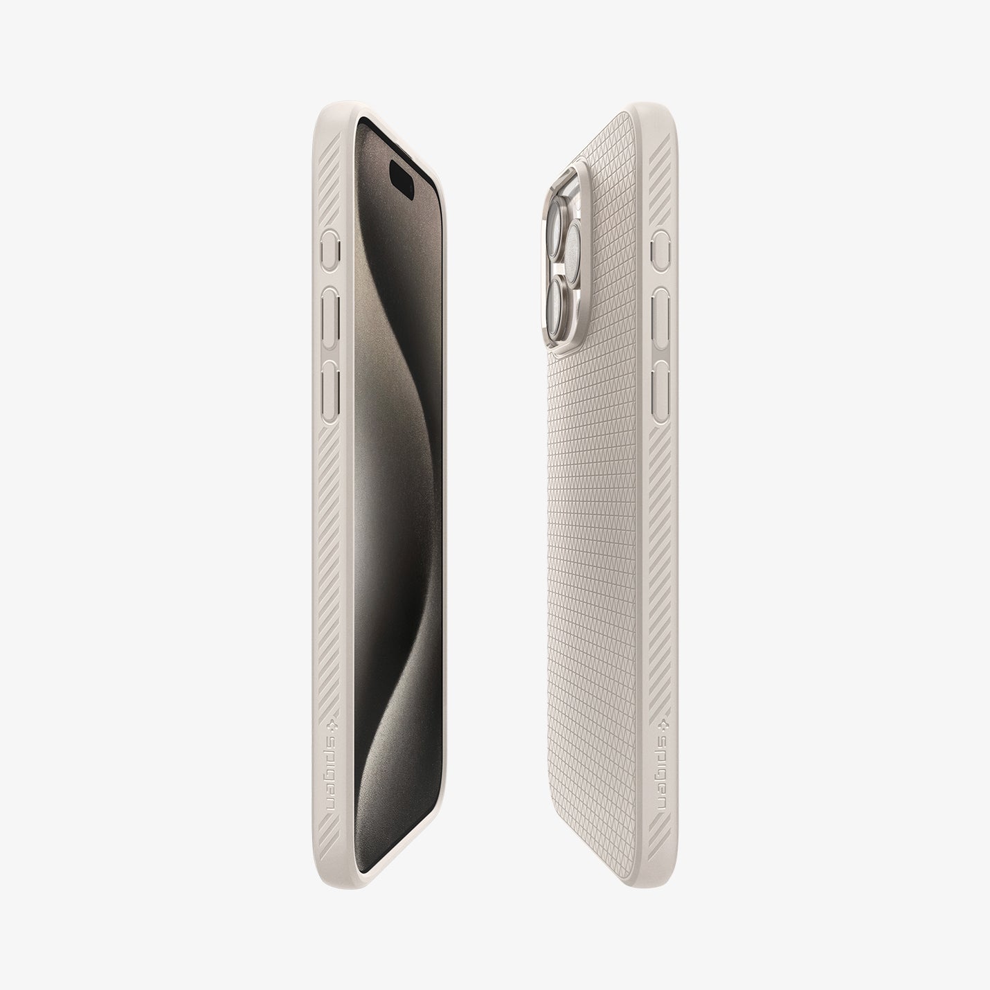 ACS07212 - iPhone 15 Pro Max Case Liquid Air in Natural Titanium showing the partial front, partial back and sides of both devices facing each other