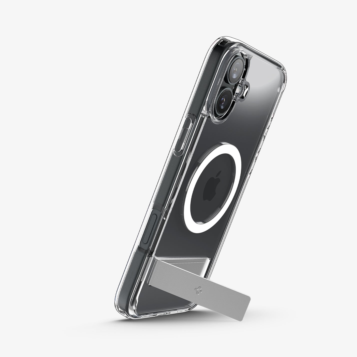ACS08082 - iPhone 16 Plus Case Ultra Hybrid S (MagFit) in Crystal Clear showing the back, partial side propped up with a built-in kickstand in portrait style