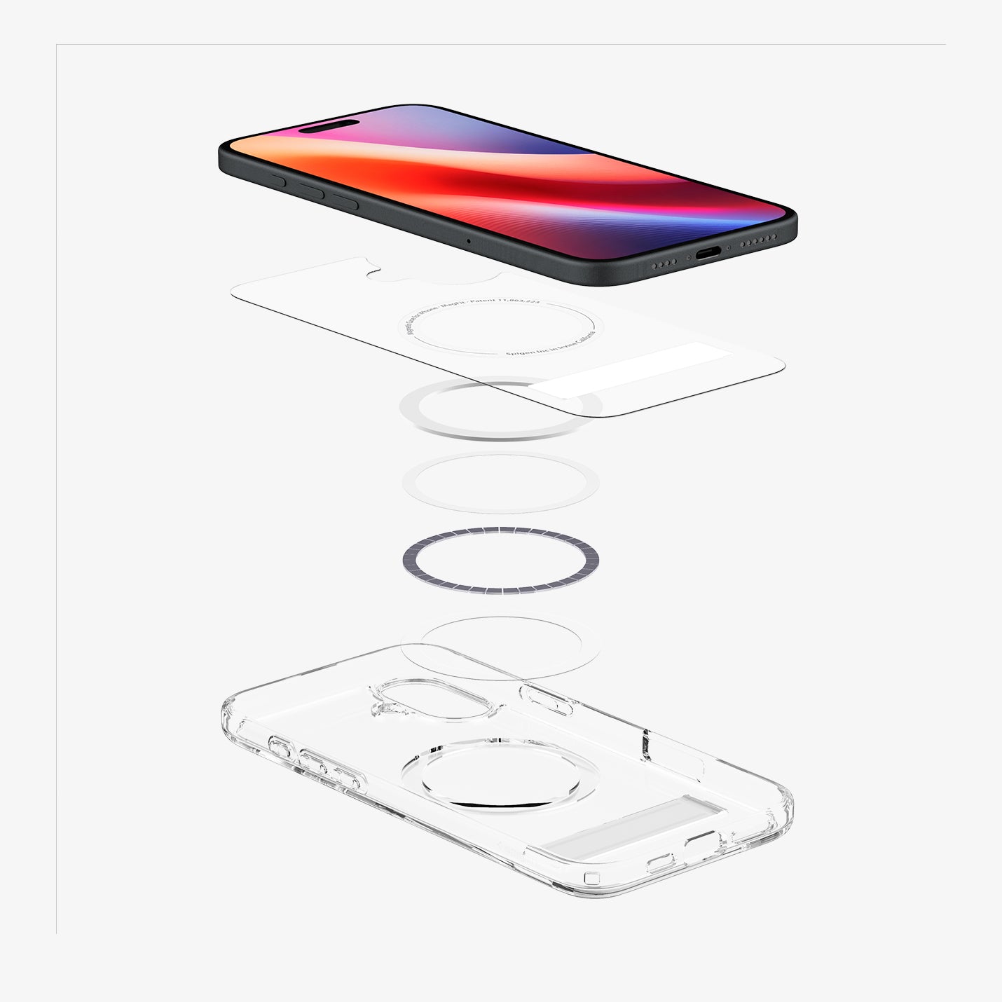 ACS08082 - iPhone 16 Plus Case Ultra Hybrid S (MagFit) in Crystal Clear showing the device hovering above detached part of the back cover, magnet ring plate and back cover showing inner side