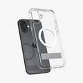 ACS08082 - iPhone 16 Plus Case Ultra Hybrid S (MagFit) in Crystal Clear showing the back, hovering in front of a device