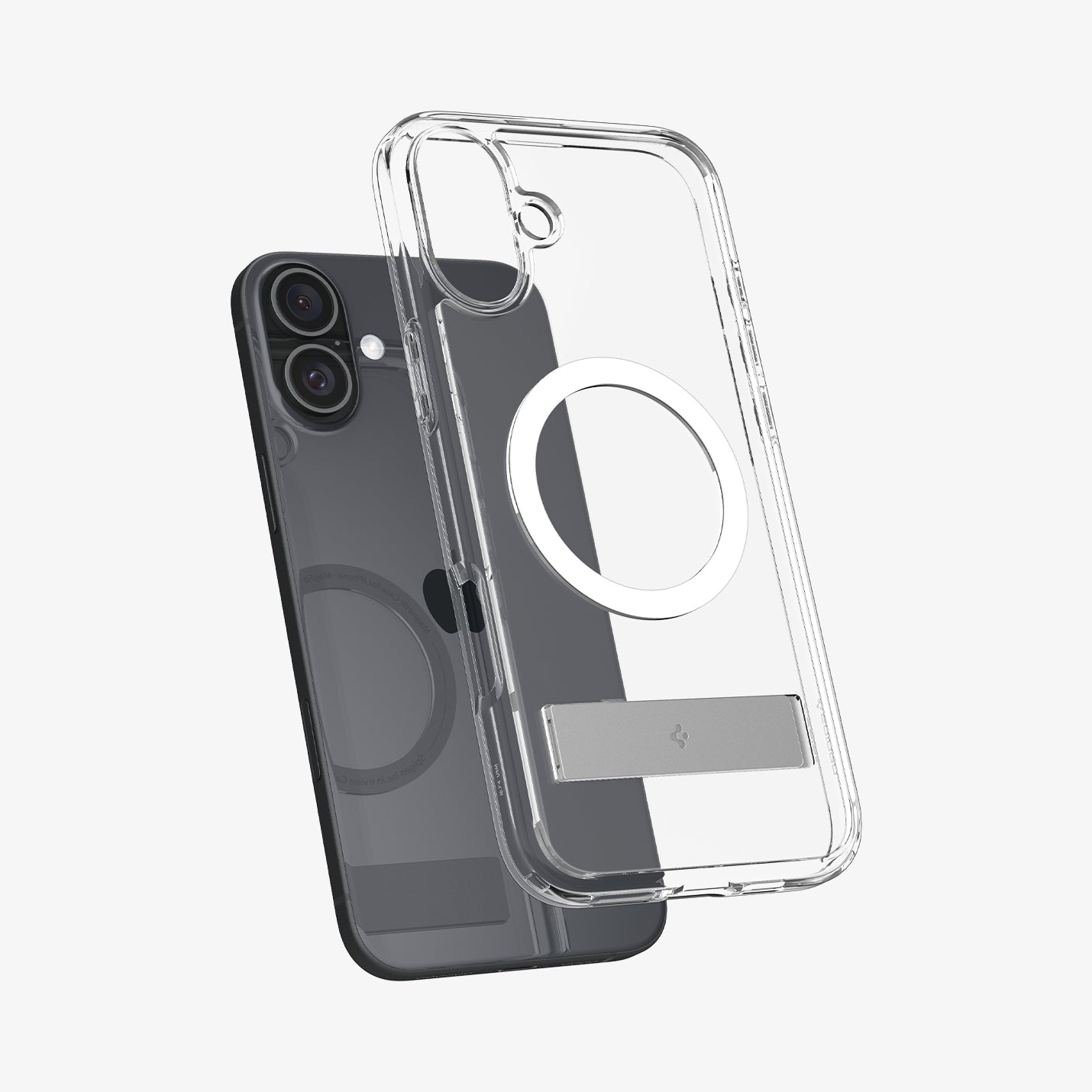 ACS08082 - iPhone 16 Plus Case Ultra Hybrid S (MagFit) in Crystal Clear showing the back, hovering in front of a device
