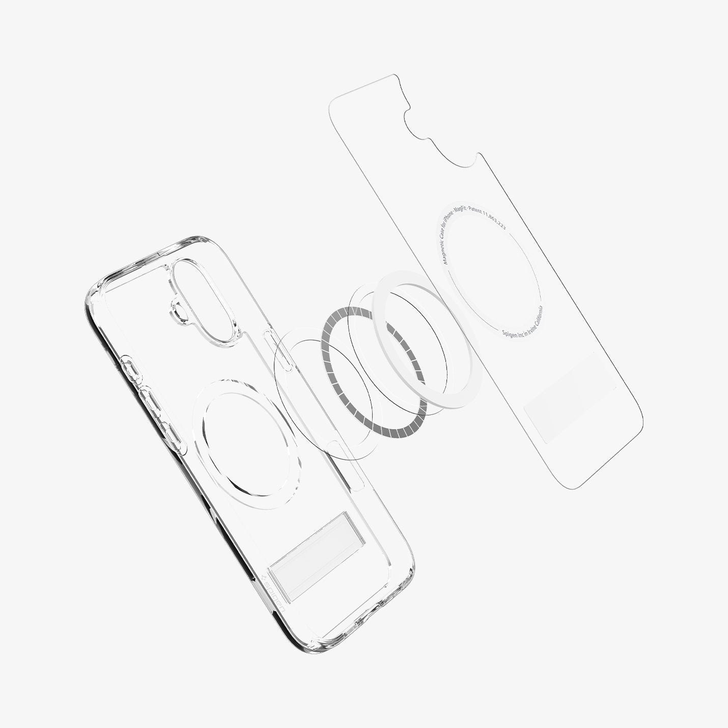 ACS08082 - iPhone 16 Plus Case Ultra Hybrid S (MagFit) in Crystal Clear showing part of the back cover detached, hovering in front of the magsafe ring metal plate and the case showing inner side