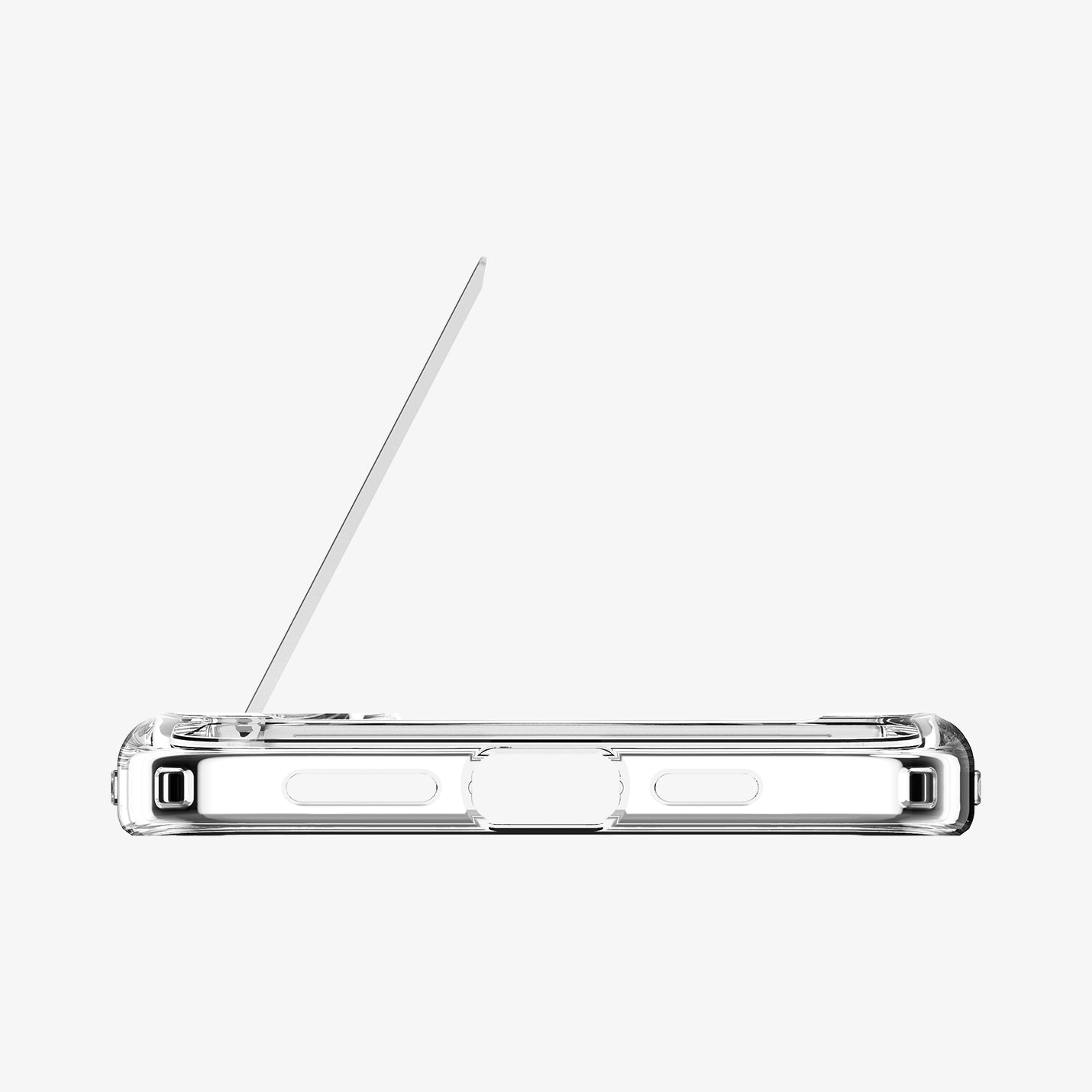 ACS08082 - iPhone 16 Plus Case Ultra Hybrid S (MagFit) in Crystal Clear showing the bottom, with built-in kickstand lift up