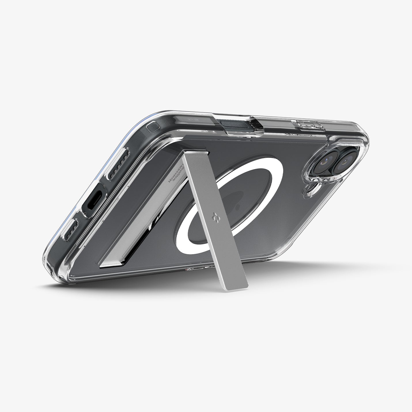 ACS08082 - iPhone 16 Plus Case Ultra Hybrid S (MagFit) in Crystal Clear showing the back, partial sides and bottom, propped up with a built-in kickstand
