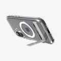 ACS08082 - iPhone 16 Plus Case Ultra Hybrid S (MagFit) in Crystal Clear showing the back, partial side and bottom, propped up with a built-in kickstand