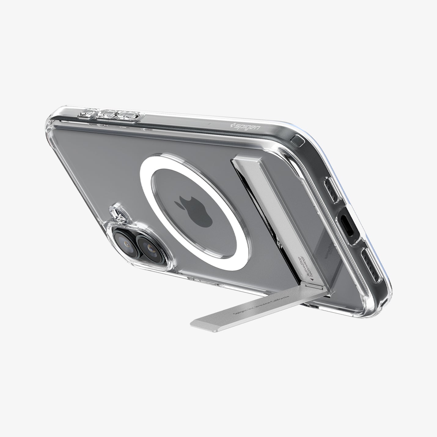 ACS08082 - iPhone 16 Plus Case Ultra Hybrid S (MagFit) in Crystal Clear showing the back, partial side and bottom, propped up with a built-in kickstand