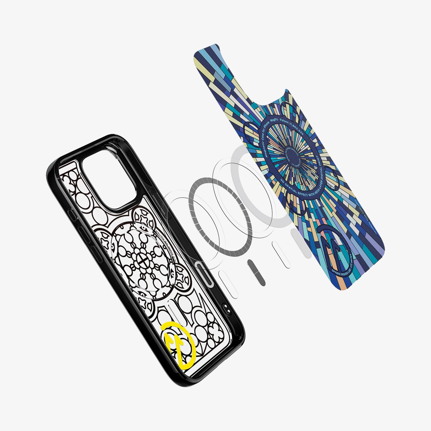 ACS09228 - iPhone 16 Pro Case c11 Series Magnolia Edition (MagFit + Camera Control) showing the inner cover, hovering above the detached magnet ring and inner of the case