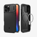 ACS08015 - iPhone 16 Pro Max Case Optik Armor (MagFit) in Black showing the back, partial sides, front, inner case with metal ring plate hovering in front