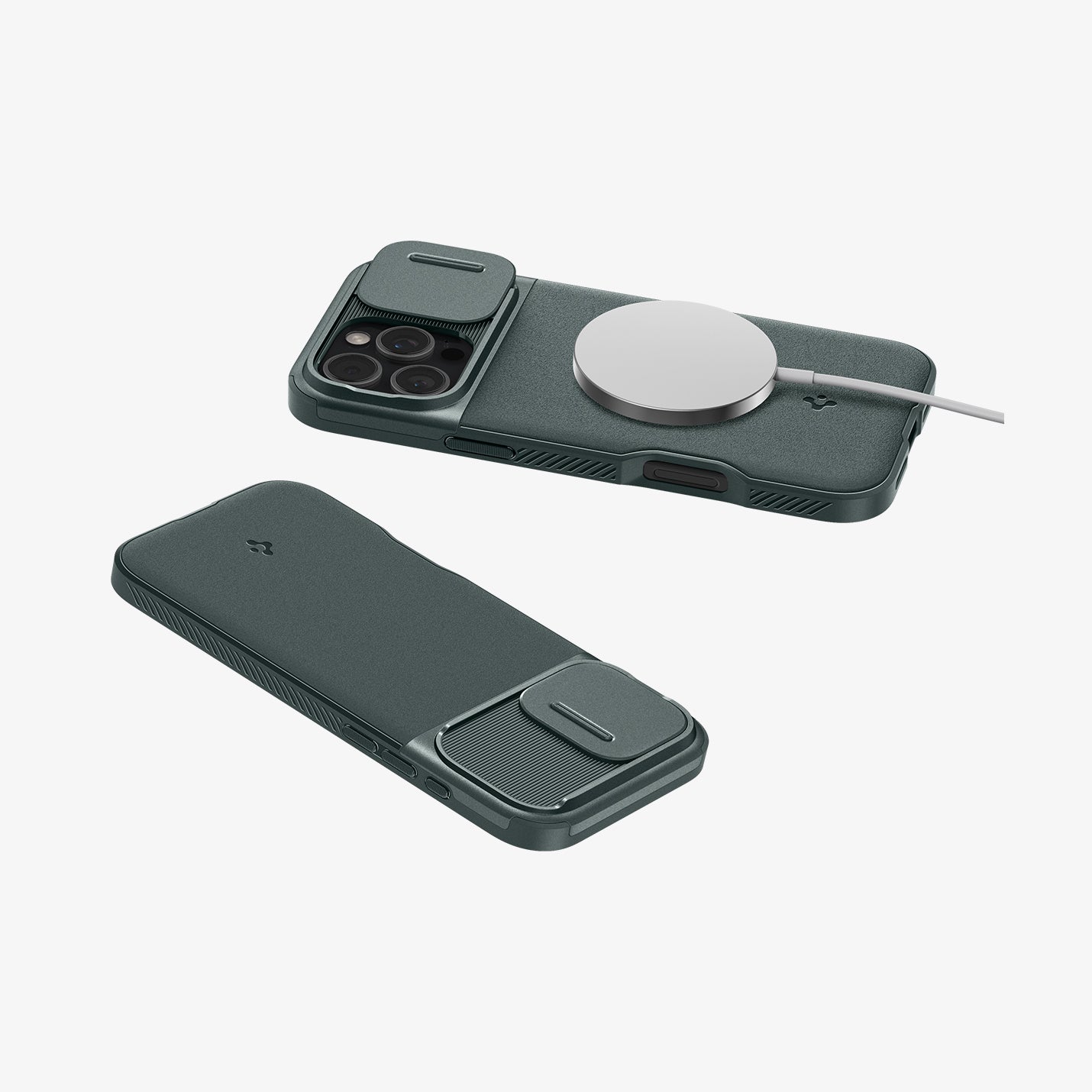 ACS08150 - iPhone 16 Pro Case Optik Armor (MagFit) in Abyss Green showing the back, partial sides, with magsafe charger attached