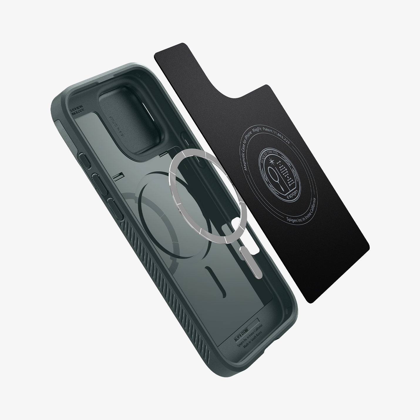 ACS08150 - iPhone 16 Pro Case Optik Armor (MagFit) in Abyss Green showing the detached inner soft layer, metal ring plate and the case