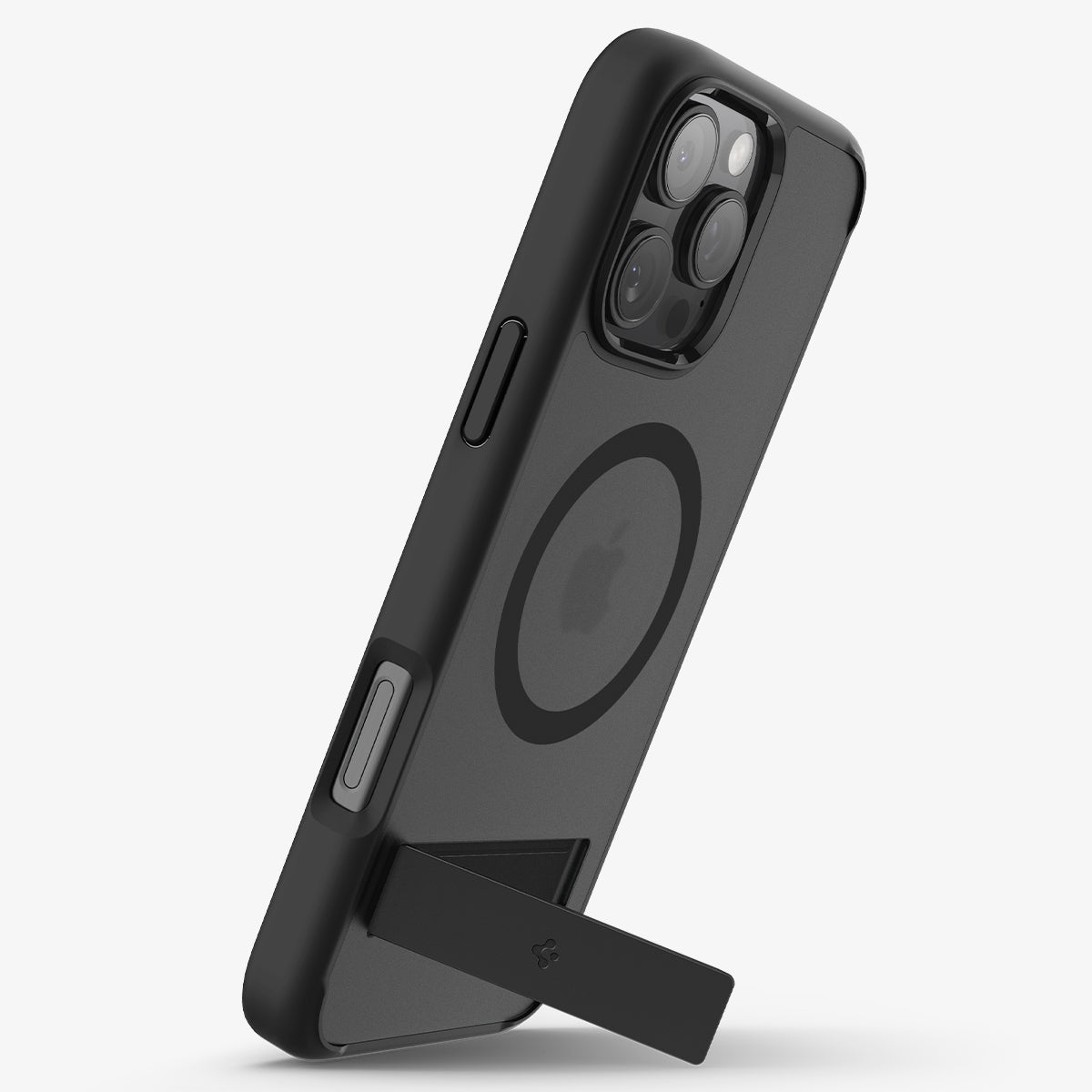 ACS08379 - iPhone 16 Pro Case Ultra Hybrid S (MagFit) in Frost Black showing the back, partial side propped up with a built-in kickstand in portrait style