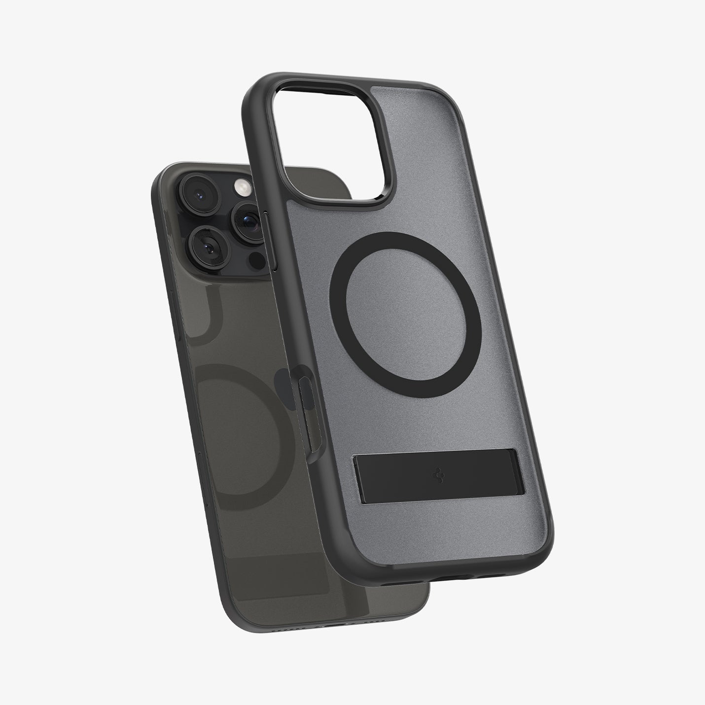ACS08379 - iPhone 16 Pro Case Ultra Hybrid S (MagFit) in Frost Black showing the back, hovering in front of a device