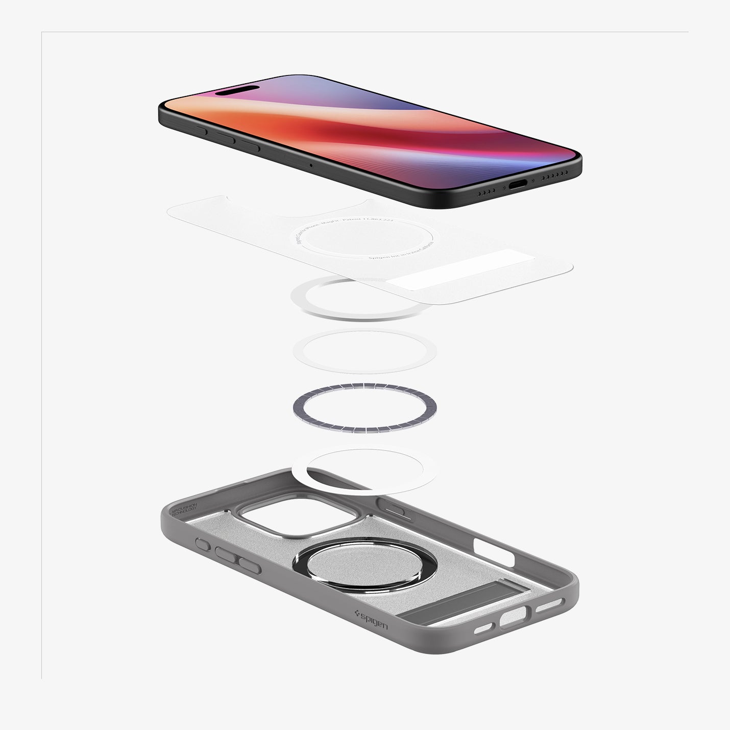 ACS08379 - iPhone 16 Pro Case Ultra Hybrid S (MagFit) in Frost Black showing the device hovering above detached part of the back cover, magnet ring plate and back cover showing inner side