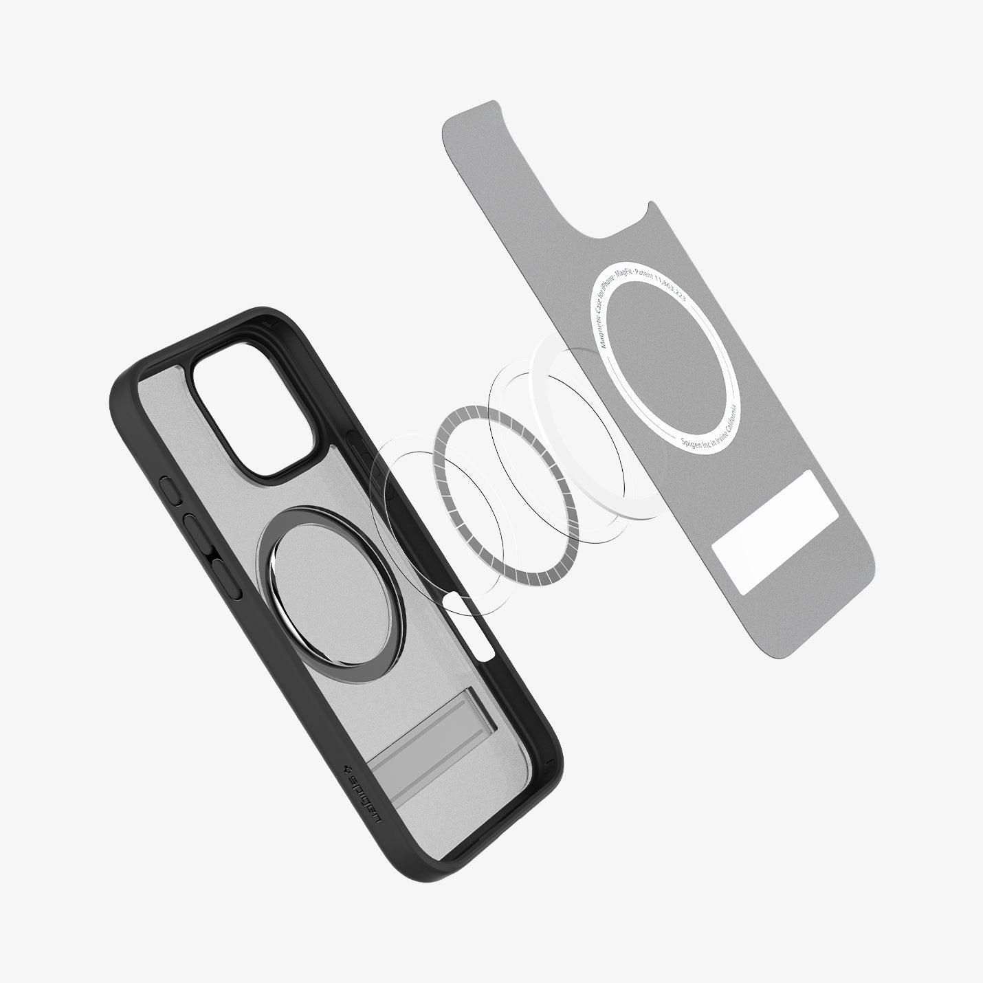 ACS08379 - iPhone 16 Pro Case Ultra Hybrid S (MagFit) in Frost Black showing the back cover detached, hovering in front of the magsafe ring metal plate and the case showing inner side