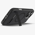 ACS08379 - iPhone 16 Pro Case Ultra Hybrid S (MagFit) in Frost Black showing the back, partial sides and bottom, propped up with a built-in kickstand