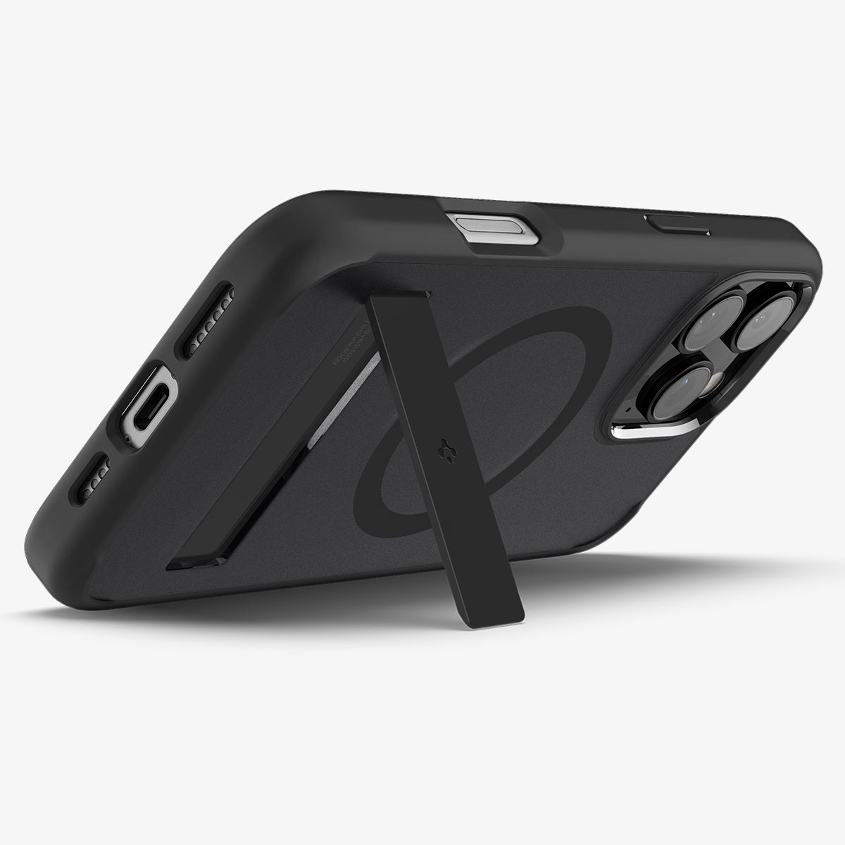 ACS08379 - iPhone 16 Pro Case Ultra Hybrid S (MagFit) in Frost Black showing the back, partial sides and bottom, propped up with a built-in kickstand