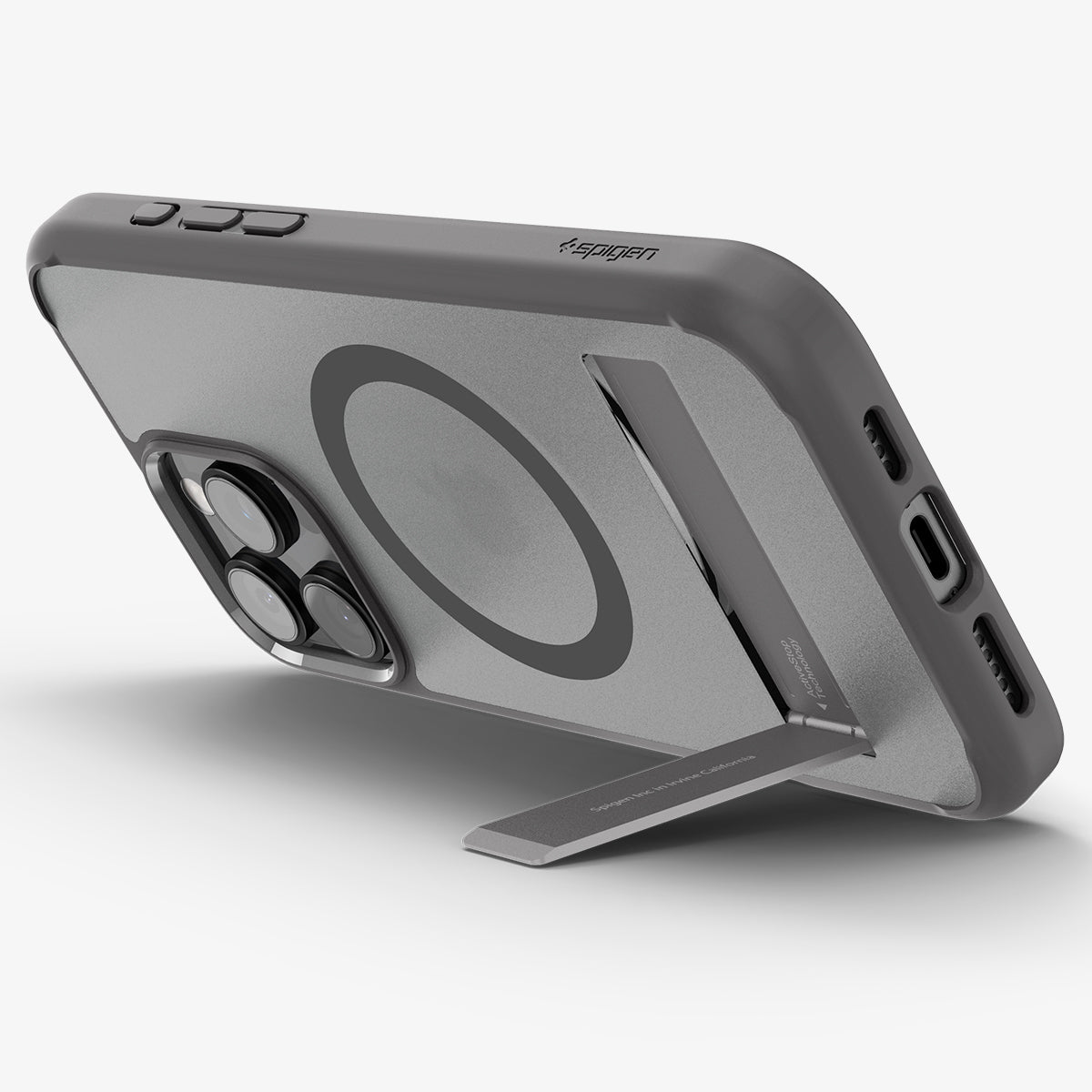 ACS08380 - iPhone 16 Pro Case Ultra Hybrid S (MagFit) in Frost Gray showing the back, partial sides and bottom, propped up with a built-in kickstand