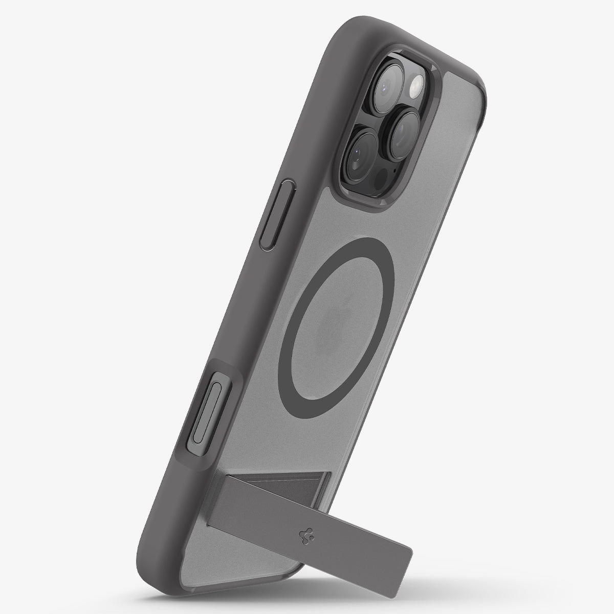 ACS08380 - iPhone 16 Pro Case Ultra Hybrid S (MagFit) in Frost Gray showing the back, partial side propped up with a built-in kickstand in portrait style
