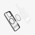 ACS08380 - iPhone 16 Pro Case Ultra Hybrid S (MagFit) in Frost Gray showing the back cover detached, hovering in front of the magsafe ring metal plate and the case showing inner side