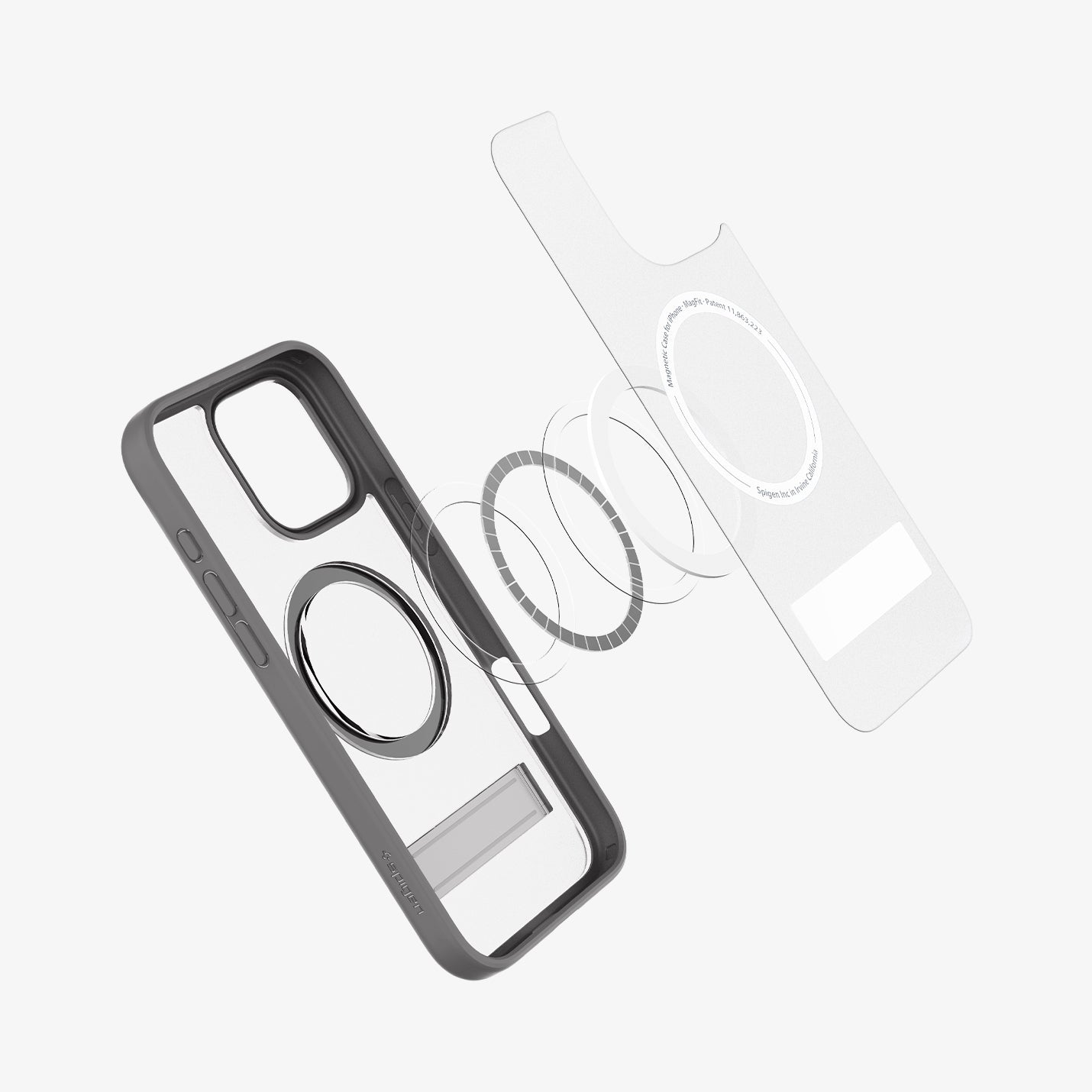 ACS08380 - iPhone 16 Pro Case Ultra Hybrid S (MagFit) in Frost Gray showing the back cover detached, hovering in front of the magsafe ring metal plate and the case showing inner side