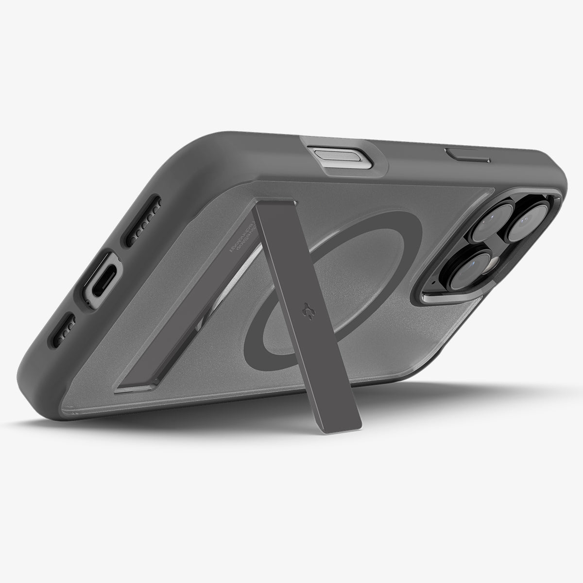 ACS08380 - iPhone 16 Pro Case Ultra Hybrid S (MagFit) in Frost Gray showing the back, partial sides and bottom, propped up with a built-in kickstand