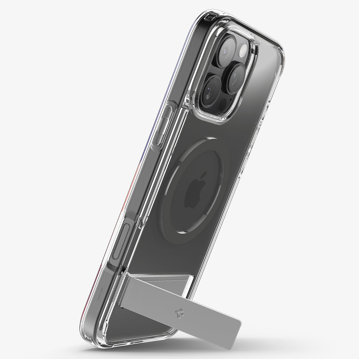 ACS08143 - iPhone 16 Pro Case Ultra Hybrid S (MagFit) in Graphite showing the back, partial side propped up with a built-in kickstand in portrait style