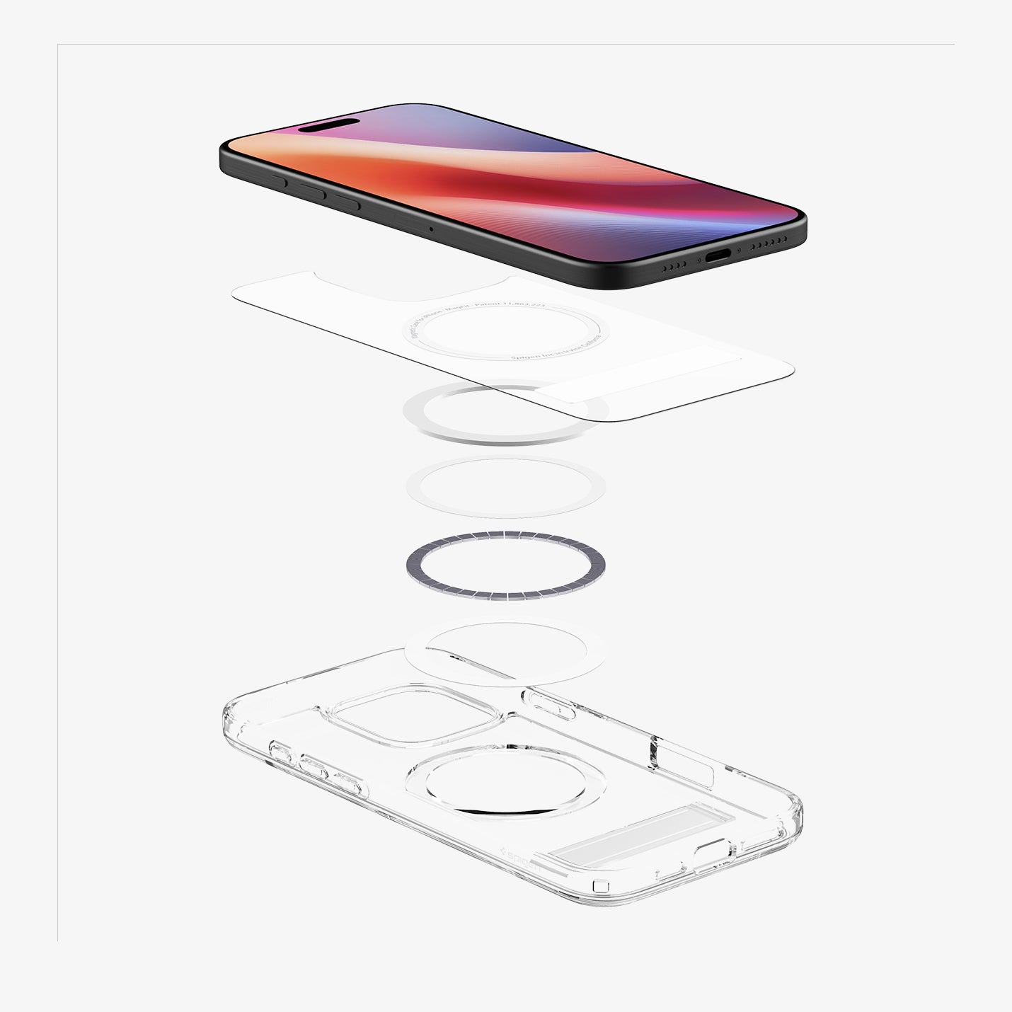 ACS08143 - iPhone 16 Pro Case Ultra Hybrid S (MagFit) in Graphite showing the device hovering above detached part of the back cover, magnet ring plate and back cover showing inner side
