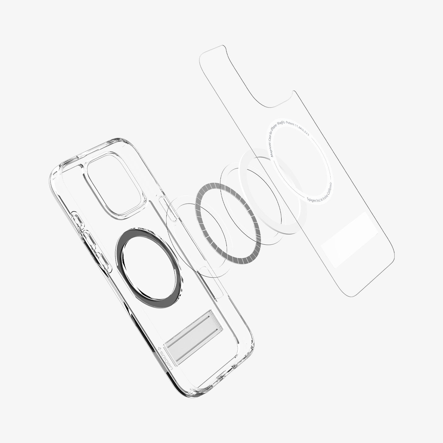 ACS08143 - iPhone 16 Pro Case Ultra Hybrid S (MagFit) in Graphite showing the back cover detached, hovering in front of the magsafe ring metal plate and the case showing inner side