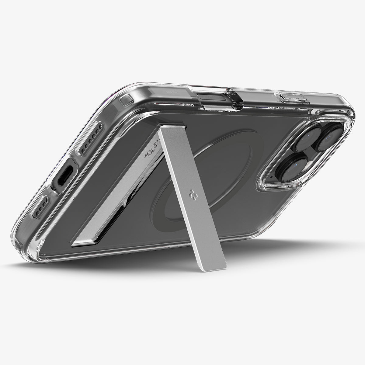 ACS08143 - iPhone 16 Pro Case Ultra Hybrid S (MagFit) in Graphite showing the back, partial sides and bottom, propped up with a built-in kickstand