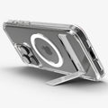 ACS08142 - iPhone 16 Pro Case Ultra Hybrid S (MagFit) in Crystal Clear showing the back, partial sides and bottom, propped up with a built-in kickstand