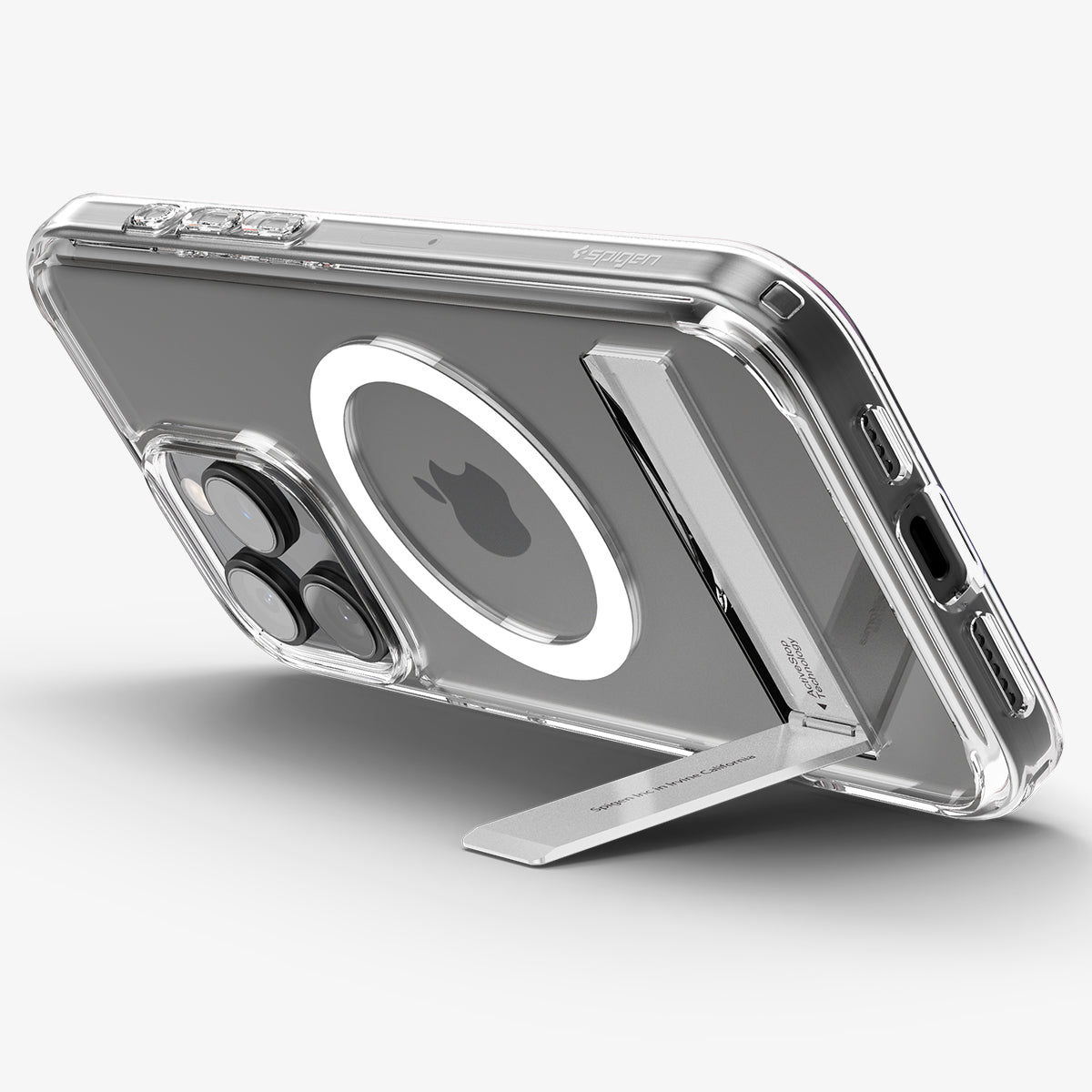 ACS08142 - iPhone 16 Pro Case Ultra Hybrid S (MagFit) in Crystal Clear showing the back, partial sides and bottom, propped up with a built-in kickstand