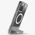ACS08142 - iPhone 16 Pro Case Ultra Hybrid S (MagFit) in Crystal Clear showing the back, partial side propped up with a built-in kickstand in portrait style